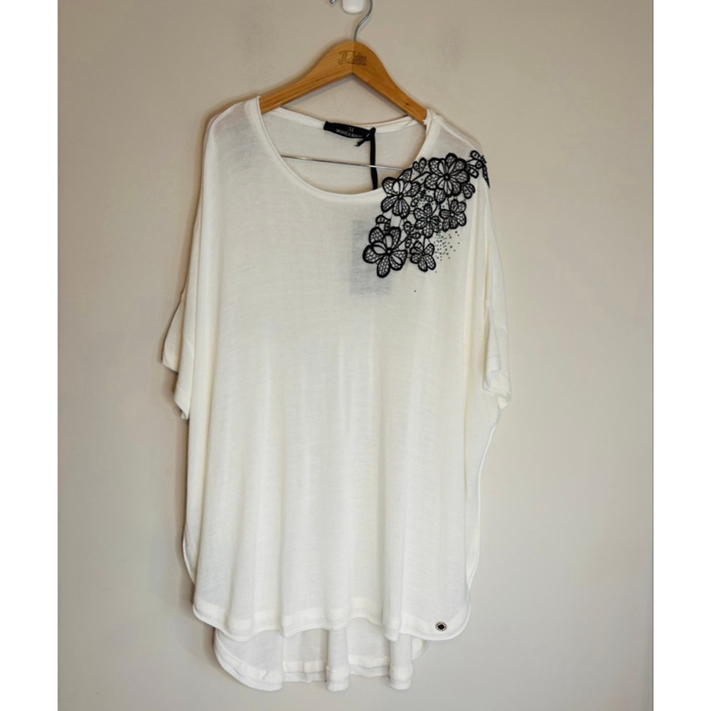 Monica Magni Womens Size XL Ivory Black Appliqué Knit Tunic Career Lagenlook